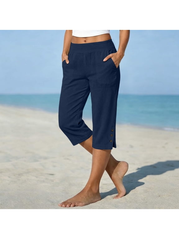 Cotton Linen Capri Pants for Women Petite Tailored Split Button Elastic Waist Capris Light Weight Summer Casual