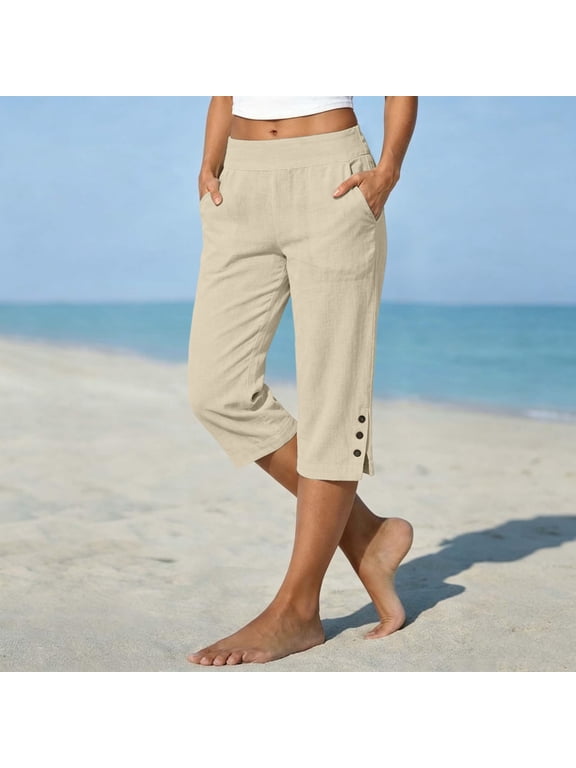 Cotton Linen Capri Pants for Women Petite Tailored Split Button Elastic Waist Capris Light Weight Summer Casual
