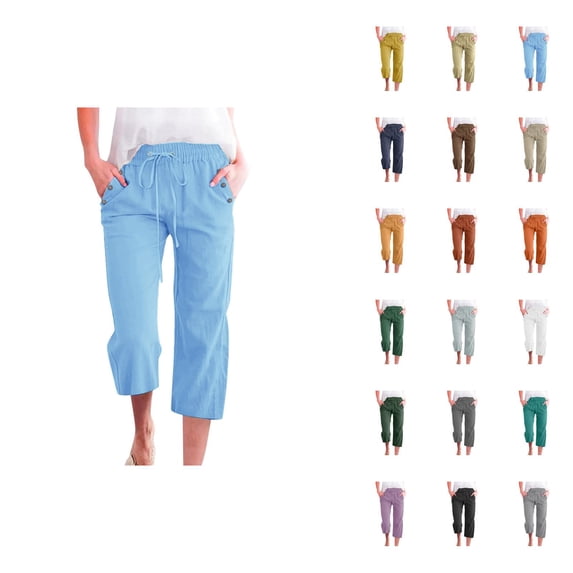 Cotton Linen Capri Pants for Women Relaxed Fit Elastic Waist Straight Leg Cropped Pants with Pockets Womens Capris