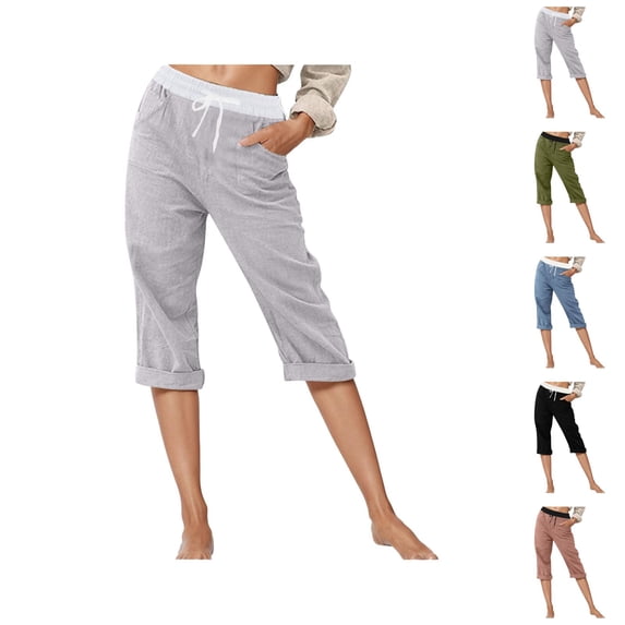 Cotton Linen Capri Pants for Women Spring Summer Elastic Waist Relaxed Fit Straight Leg Capris with Pockets