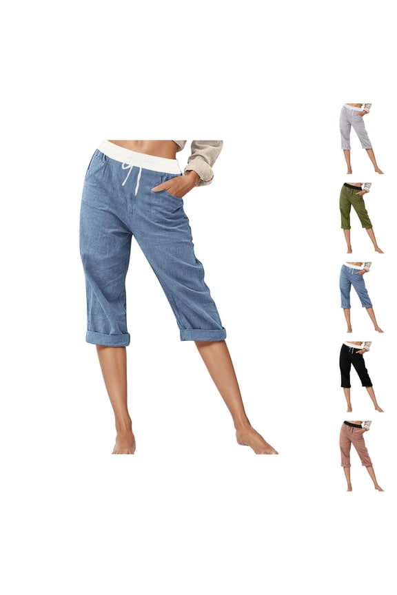 Cotton Linen Capri Pants for Women Spring Summer Elastic Waist Relaxed Fit Straight Leg Capris with Pockets