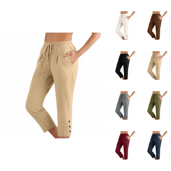 Cotton Linen Capri Pants for Women Spring Summer Elastic Waist Straight Leg Cropped Pants with Pockets Womens Capris