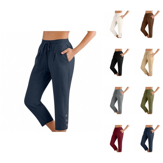 Cotton Linen Capri Pants for Women Spring Summer Elastic Waist Straight Leg Cropped Pants with Pockets Womens Capris