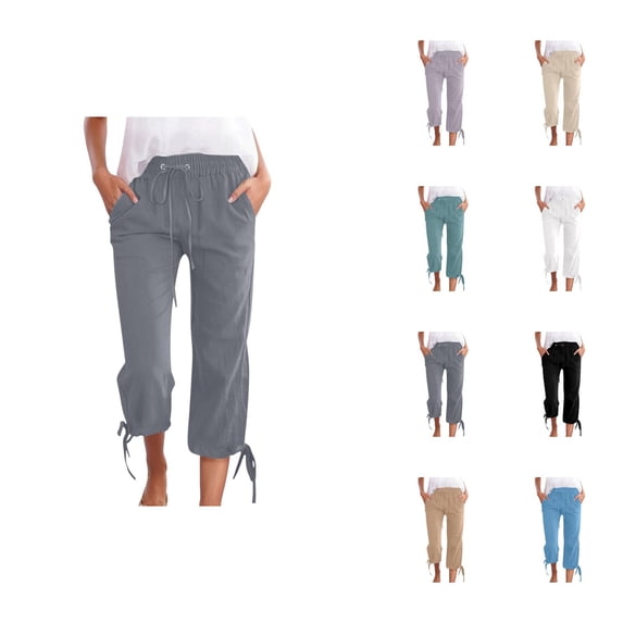 Cotton Linen Capri Pants for Women Spring Summer Elastic Waist Wide Straight Leg Loose Casual Capris with Pockets