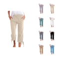 thumbnail image 1 of Cotton Linen Capri Pants for Women Spring Summer Elastic Waist Wide Straight Leg Loose Casual Capris with Pockets, 1 of 6