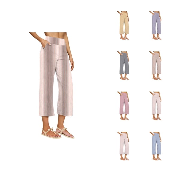 Cotton Linen Capri Pants for Women Spring Summer Striped Relaxed Fit Elastic High Waist Wide Leg Beach Pants with Pockets