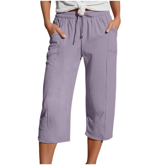 Cotton Linen Capri Pants for Women Straight Leg Elastic Waist Casual Cropped Pant Loose Lightweight Drawstring Beach Vacation Capris with Pockets