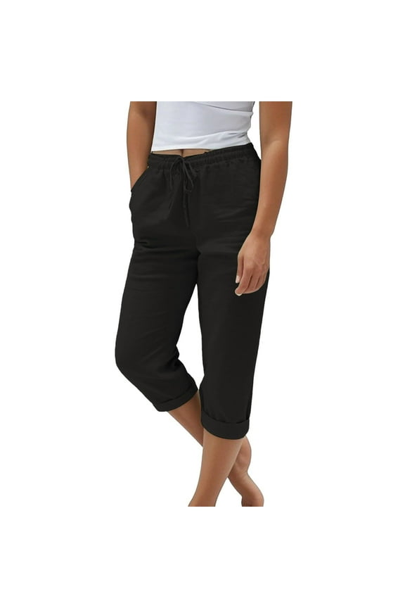 Cotton Linen Capri Pants for Womens Summer Drawstring Elastic Waist Sweatpant Ultra Soft High Waisted Capris Workout Running Gym Capris with Pockets