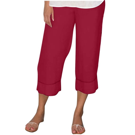 Cotton Linen Capris For Women Clearance Sale Women’s Elastic Waist Summer Solid Casual Fashion Outing Capris Length Pants Red XXL