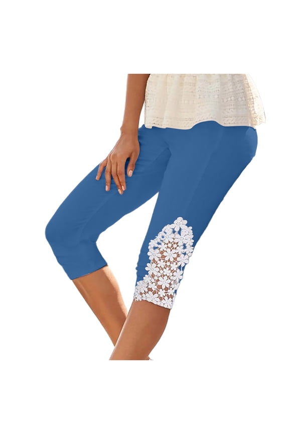 Cotton Linen Capris Pants Women Womens Lightweight Capris Leggings, Floral Lace High Waist Leggings Skinny Cropped Workout Yoga Pants Sport Casual Pants Blue L