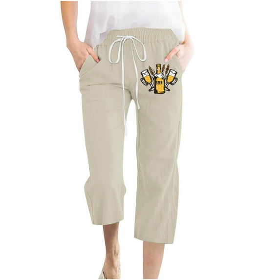 Cotton Linen Capris Pants for Women Wide Leg Pants Plus Size Casual Summer Fall Cropped Solid Elastic Waist Baggy Trousers with Pockets,Khaki 5,3XL