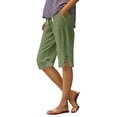 thumbnail image 1 of Cotton Linen Capris for Women Casual Summer Straight Leg Loose Trousers Drawstring Elastic Waist Pull On Pants with Pockets Light Green L, 1 of 7