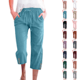 thumbnail image 1 of Cotton Linen Capris for Women Casual Summer Straight Wide Leg Loose Drawstring Elastic Waist Petite Pull On Pants for Women Blue M, 1 of 7