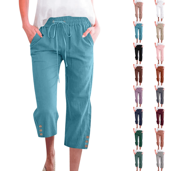 Cotton Linen Capris for Women Casual Summer Straight Wide Leg Loose Drawstring Elastic Waist Petite Pull On Pants for Women Blue M