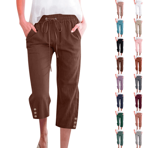 Cotton Linen Capris for Women Casual Summer Straight Wide Leg Loose Drawstring Elastic Waist Petite Pull On Pants for Women Coffee XL