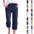 thumbnail image 1 of Cotton Linen Capris for Women Casual Summer Straight Wide Leg Loose Drawstring Elastic Waist Petite Pull On Pants for Women Navy XL, 1 of 5