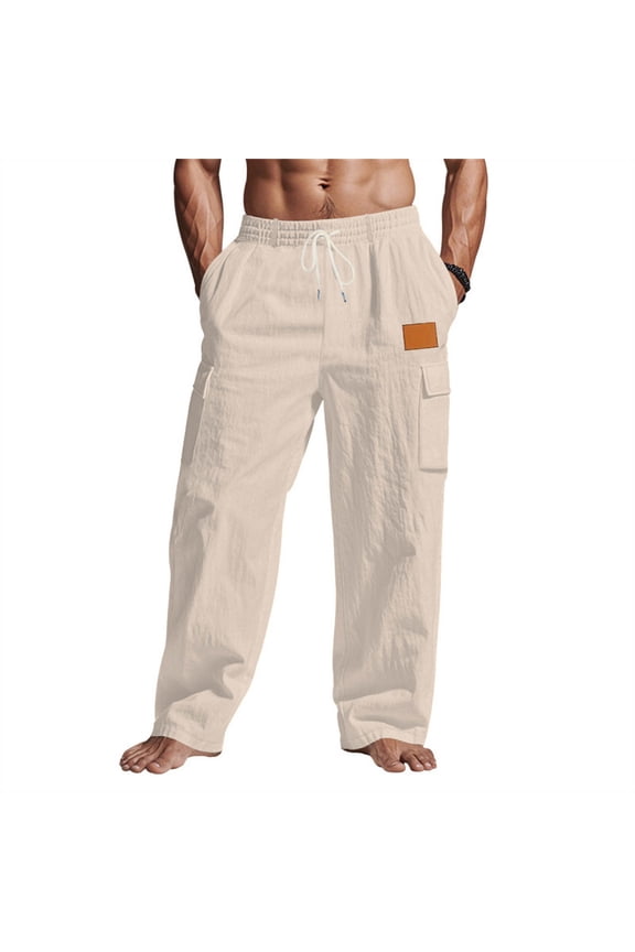 Cotton Linen Cargo Pants for Men Multi-Pockets Drawstring Elastic Waist Fishing Outdoor Trousers Fathers Gift