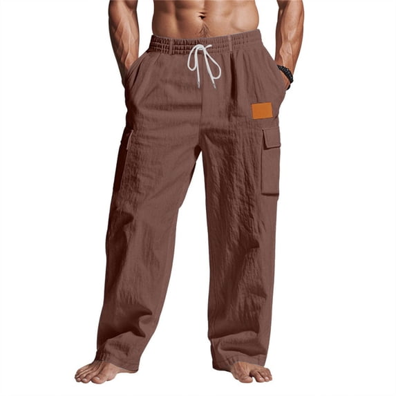Cotton Linen Cargo Pants for Men Multi-Pockets Drawstring Elastic Waist Fishing Outdoor Trousers Fathers Gift
