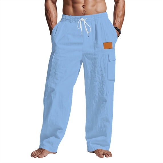 Cotton Linen Cargo Pants for Men Multi-Pockets Drawstring Elastic Waist Fishing Outdoor Trousers Fathers Gift