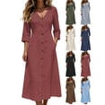 thumbnail image 1 of Cotton Linen Casual Midi Dress for Women V Neck 3/4 Sleeve Loose Fit Dress with Pockets Button Decoration, 1 of 8
