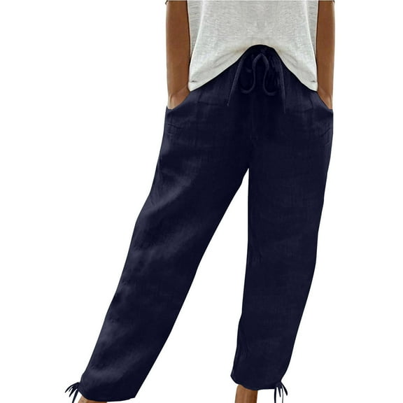 Cotton and Linen Casual Pants for Womens Plus Size Solid Color Cotton And Linen Shorts With Drawstring Ankle Strap Casual Women's Pants Up to 65% off!