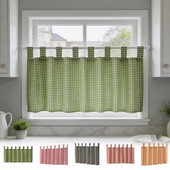 Cotton Linen Checkered Window Valance Curtain, Rod Pocket Short Curtain for Kitchen, Cottage Style Partition Curtain for Bedroom Bay Window Living Room Home Decor, Black