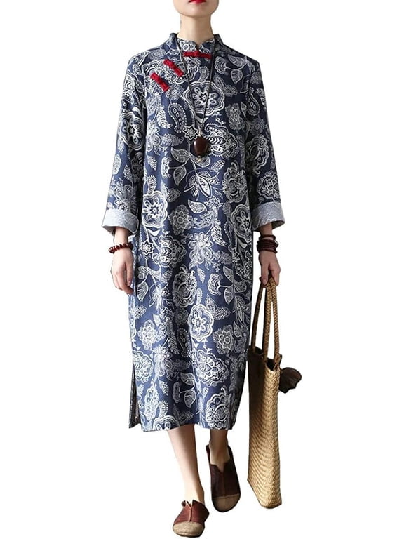 Cotton Linen Cheongsam Loose Chinese Women's Chinese Frog Button Dresses