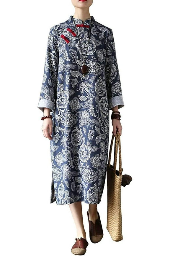 Cotton Linen Cheongsam Loose Chinese Women's Chinese Frog Button Dresses