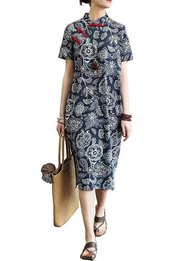 Cotton Linen Cheongsam Loose Chinese Women's Chinese Frog Button Dresses