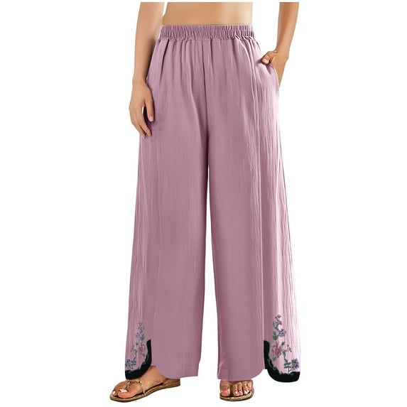 Cotton Linen Crop Pants for Women Elastic Waist Vintage Floral Embroidered Cropped Trousers Wide Leg Pants with Pockets