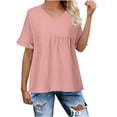 thumbnail image 1 of Cotton Linen Cute Summer Tops Ruffle Short Sleeve V Neck Pleated T Shirts for Women Loose Fit Solid Casual Tees (Medium, Pink), 1 of 7