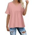 thumbnail image 1 of Cotton Linen Cute Summer Tops Ruffle Short Sleeve V Neck Pleated T Shirts for Women Loose Fit Solid Casual Tees (Small, Pink), 1 of 6