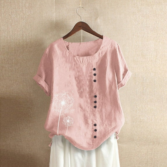 Cotton Linen Dandelion Shirts for Women, Summer Beach Short Sleeve Casual Loose Comfy Blouses Tunic Tops Plus Size