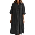 thumbnail image 1 of Cotton Linen Dress Half Sleeve V Neck Button Up Midi Dress Casual Loose Fit Tunic Sundress with Pockets, 1 of 6