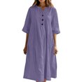 thumbnail image 1 of Cotton Linen Dress Half Sleeve V Neck Button Up Midi Dress Casual Loose Fit Tunic Sundress with Pockets, 1 of 6