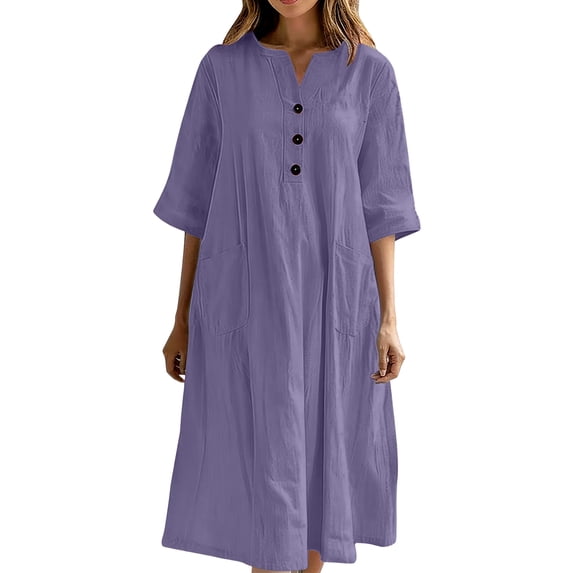 Cotton Linen Dress Half Sleeve V Neck Button Up Midi Dress Casual Loose Fit Tunic Sundress with Pockets
