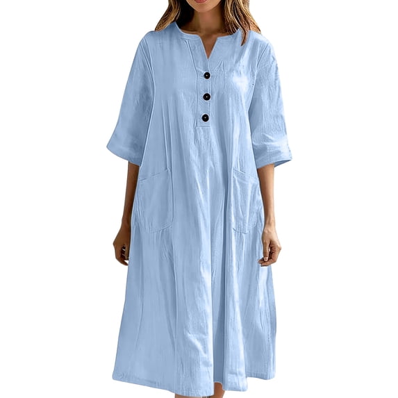Cotton Linen Dress Half Sleeve V Neck Button Up Midi Dress Casual Loose Fit Tunic Sundress with Pockets