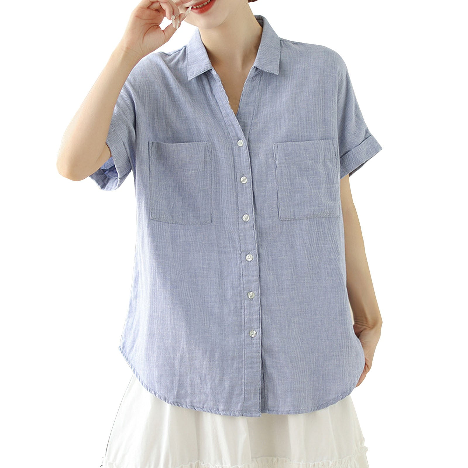 Cotton Linen Dress Shirt for Women Short Sleeve Boyfriend Shirts ...
