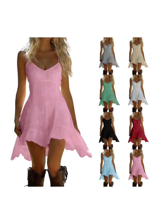Cotton Linen Dress Womens Spaghetti Strap Asymmetrical Ruffled Hem Sleeveless Vacation Summer Sling Mini Dress (S, Pink)