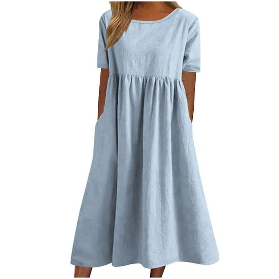 Cotton Linen Dress Womens Summer Short Sleeve Round Neck Loose Pleated Midi Dresses with Pockets Solid Color (M, Blue)