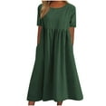 thumbnail image 1 of Cotton Linen Dress Womens Summer Short Sleeve Round Neck Loose Pleated Midi Dresses with Pockets Solid Color (M, Green), 1 of 6