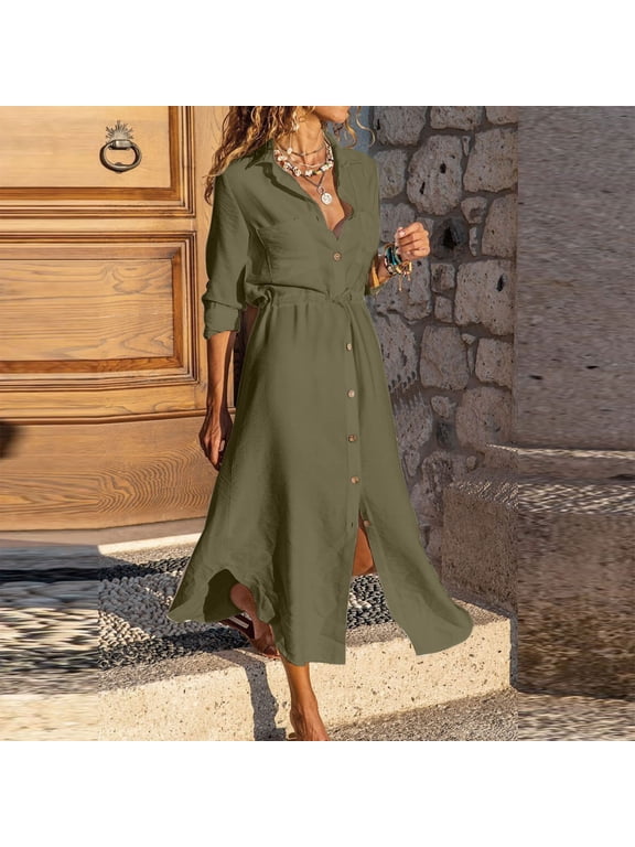 Cotton Linen Dress for Women Elegant Casual Summer Spring Button Down Front Long Sleeve Maxi Dress Long Cardigan Cover Ups Shirt Dresses