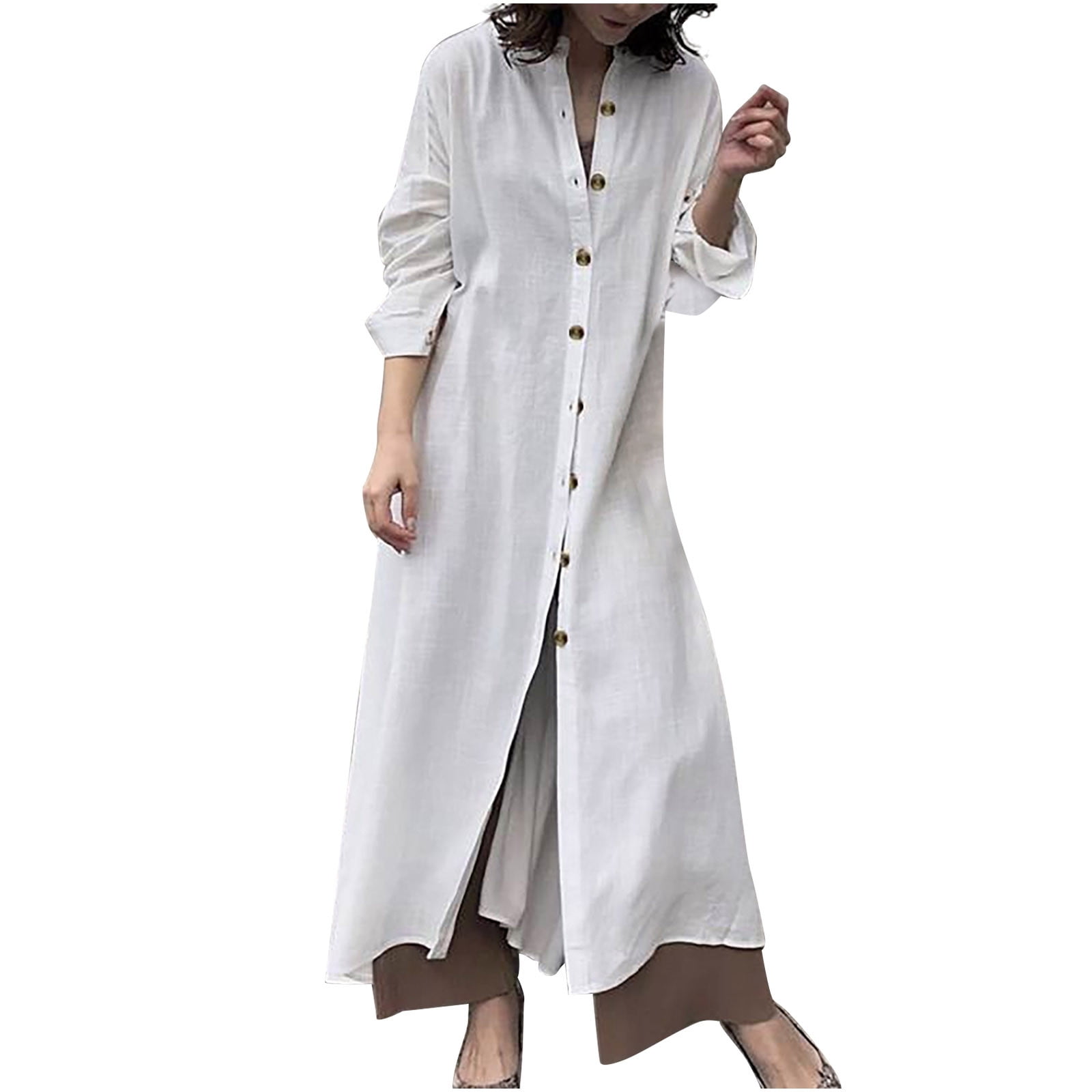 Cotton Linen Dress for Women Long Sleeve Button Jacket Dress Shirt Dresses  Solid Casual Long Dress Elegant Maxi Dress - Walmart Business Supplies