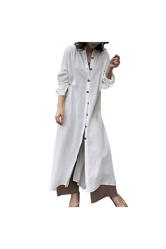 Cotton Linen Dress for Women Long Sleeve Button Jacket Dress Shirt Dresses Solid Casual Long Dress Elegant Maxi Dress