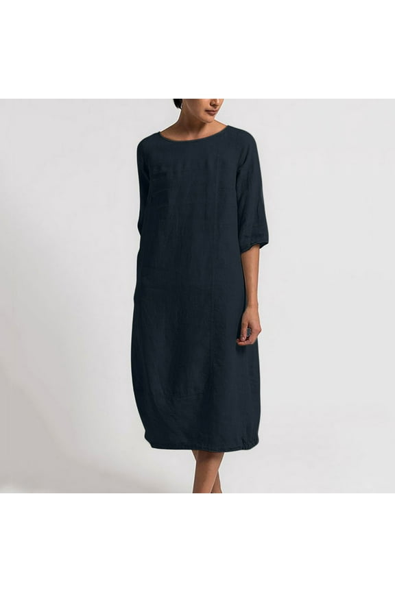 Cotton Linen Dress for Women Plus Size 3/4 Sleeve Round Neck Loose Fitting Solid Shift Midi Dresses