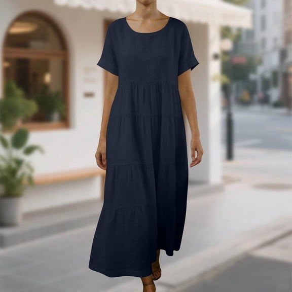 Cotton Linen Dress for Women Summer Lightweight High Waisted Crew Neck Loose Fit Flowy Beach Sundresses Nightgowns