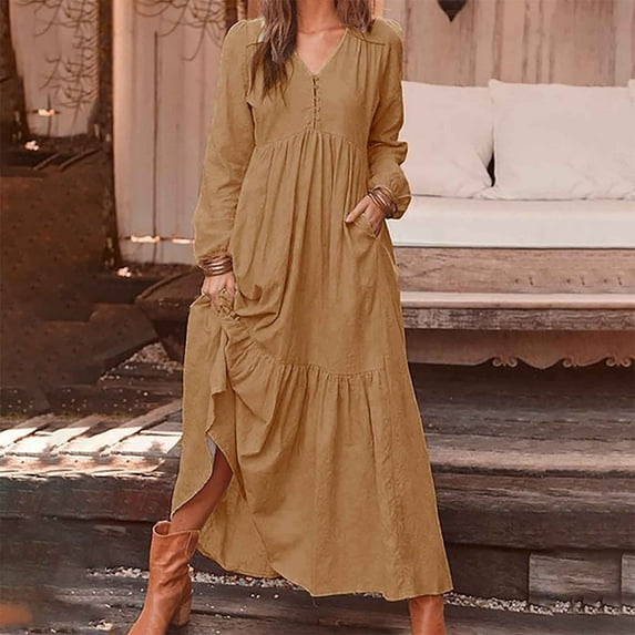 Cotton Linen Dress for Women,Summer Plus Size Long Sleeve Crew Neck Loose Baggy Kaftan Maxi Dress with Pockets