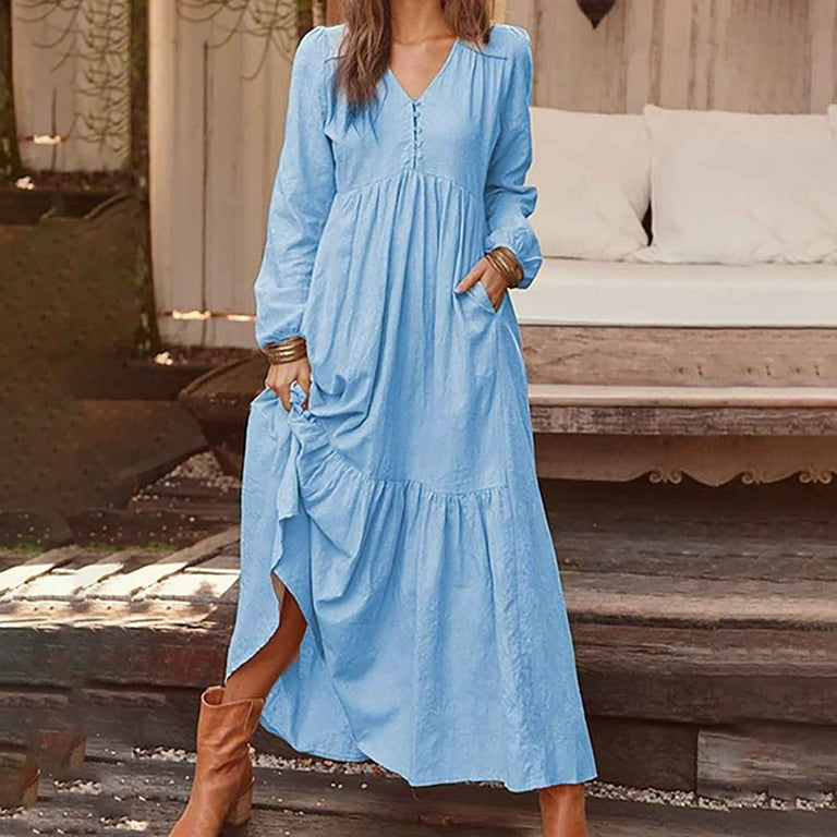 Cotton Linen Dress for Women,Summer Plus Size Long Sleeve Crew Neck Loose  Baggy Kaftan Maxi Dress with Pockets