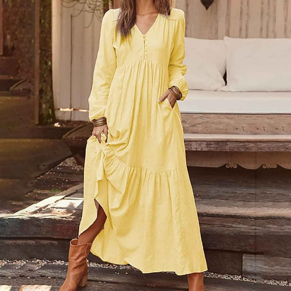 Cotton Linen Dress for Women,Summer Plus Size Long Sleeve Crew Neck Loose Baggy Kaftan Maxi Dress with Pockets