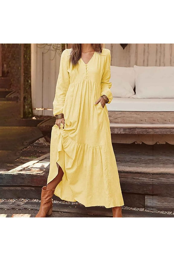 Cotton Linen Dress for Women,Summer Plus Size Long Sleeve Crew Neck Loose Baggy Kaftan Maxi Dress with Pockets
